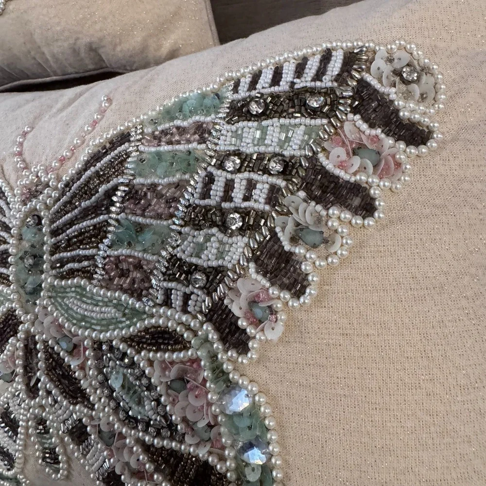 Pier 1 Butterfly Throw Pillows Set Beaded Sequins Beige Fairy Cottagecore Garden
